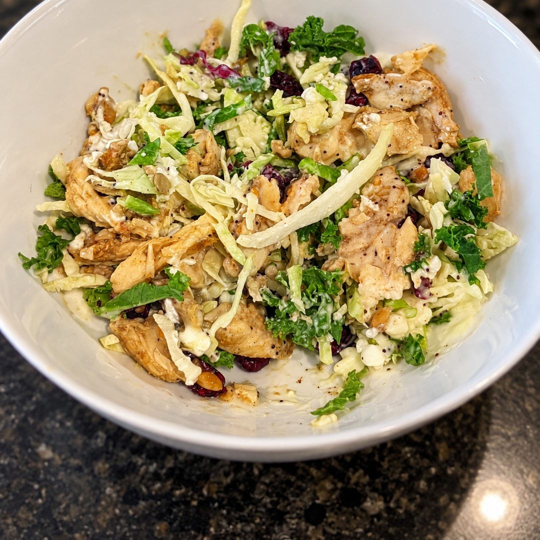 Taylor Farms Sweet Kale chopped salad topped with prepackaged chicken shawarma.